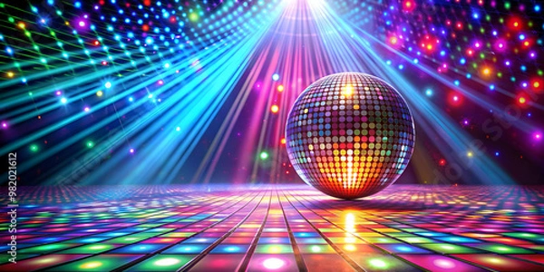 Fototapeta Vibrant disco dance floor with colorful laser lights and mirror ball, Disco, dance, floor, electrifying, laser, speakers