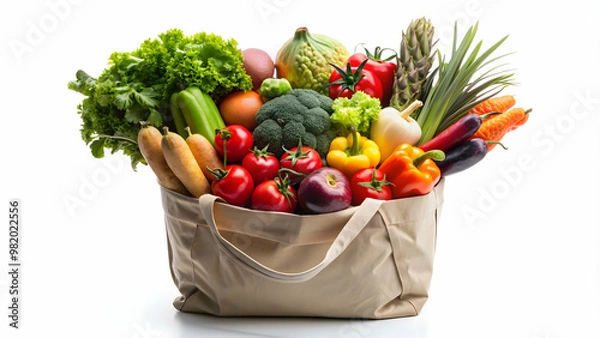 Fototapeta A bag of fresh produce including fruits and vegetables on a clean white background, fresh, produce, vegetables, fruits