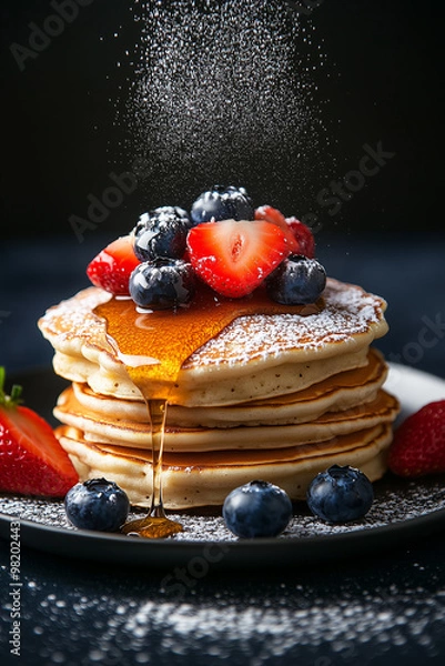 Fototapeta A stack of golden-brown pancakes, drizzled with honey and adorned with fresh berries, is a classic breakfast or brunch dish.