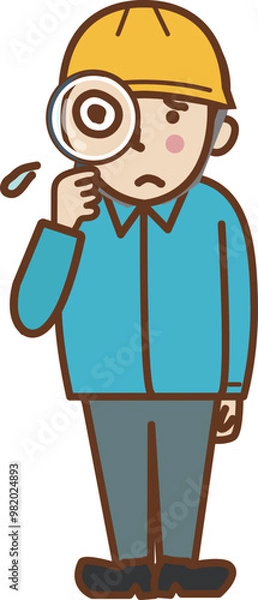 Obraz 虫眼鏡を持つ、帽子をかぶった不安な顔の作業員の男性。