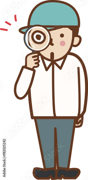 Obraz 虫眼鏡を持つ、帽子をかぶった驚いた顔の作業員の男性。