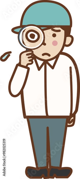 Obraz 虫眼鏡を持つ、帽子をかぶった不安な顔の作業員の男性。