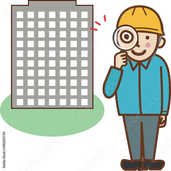 Obraz ビルの前で虫眼鏡を持つ、帽子をかぶった作業員の男性。