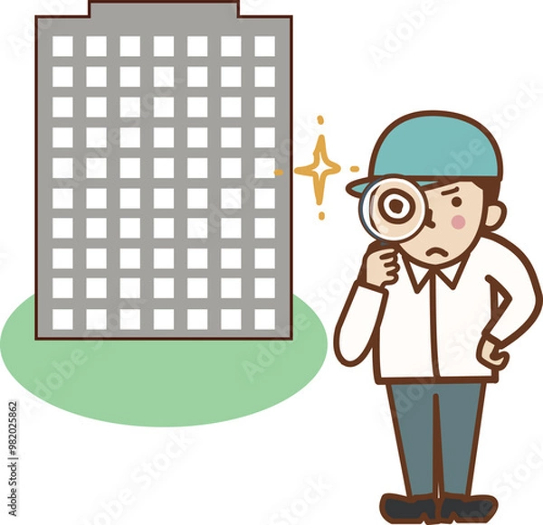 Obraz ビルの前で虫眼鏡を持つ、帽子をかぶった作業員の男性。