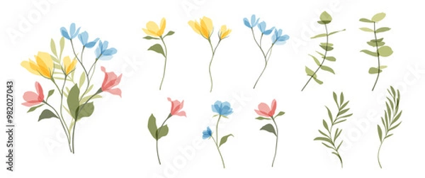 Fototapeta Set of botanical bouquet vector. Flat transparent colorful flowers, wildflowers, wild grass for sticker, clipart, print, invitation, home decor. Hand drawn floral illustration for Easter, mother's day