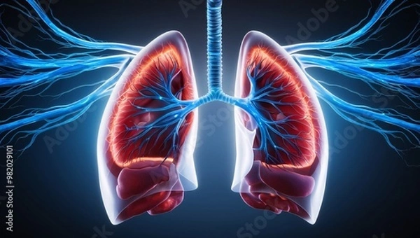 Fototapeta A set of lungs expanding and contracting, veins and arteries visibly pulsing with life