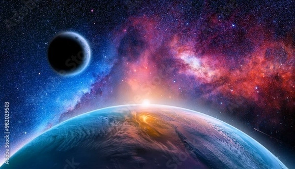Fototapeta Dramatic Space Scene with Glowing Planet and Distant Moon Amidst Colorful Nebula