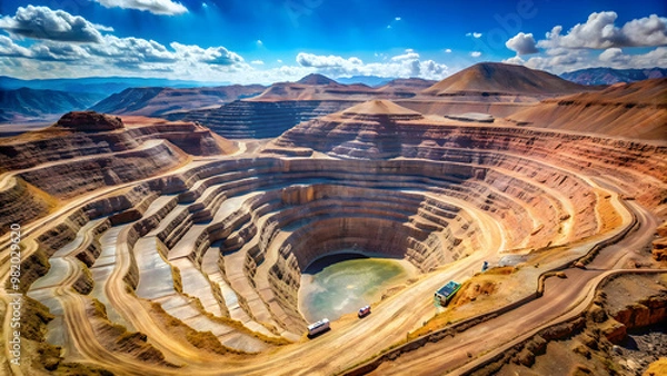 Fototapeta Aerial view of open-pit copper mine in Chile , mine, industry, extraction, copper, pit, aerial view, mining