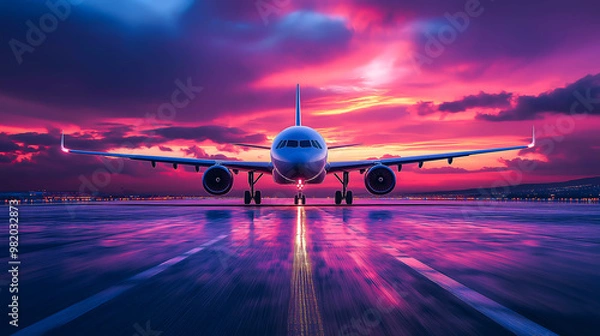 Obraz Airplane on airport runway. Airplane landing with beautiful sunset background. Landing airplane