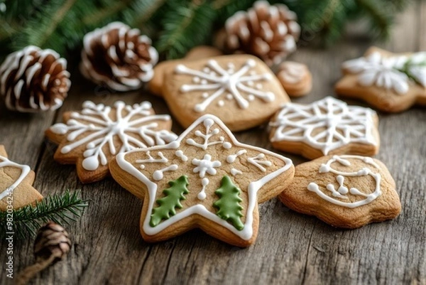 Fototapeta Christmas cookies decorated with icing on a rustic wooden table