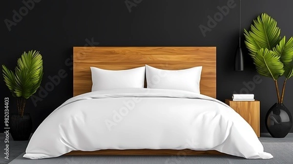 Fototapeta A minimalist bedroom design features a white bed with a wooden headboard, exuding calm and simplicity.