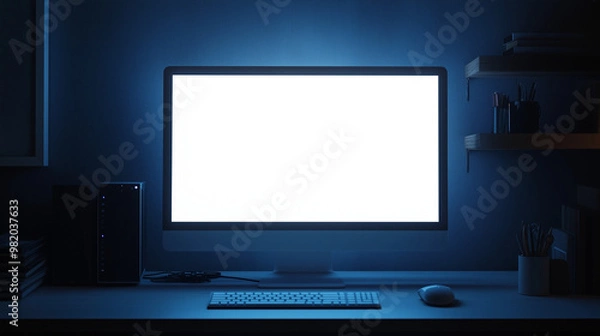 Fototapeta Computer desk with a blank screen, computer screen display