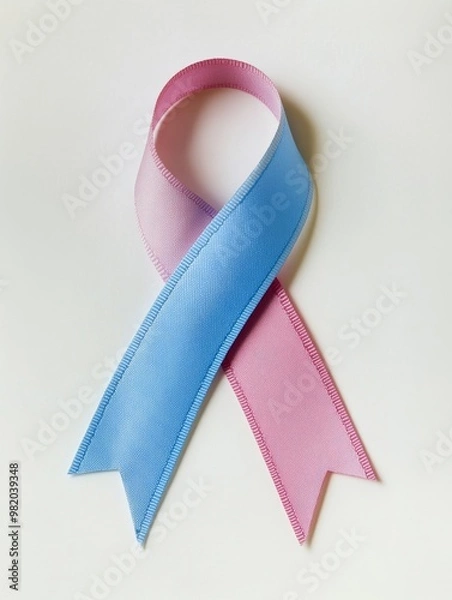 Fototapeta Focused shot of a pink and blue ribbon representing awareness for male breast cancer during October, against a clean white background. The image highlights the theme of support and awareness