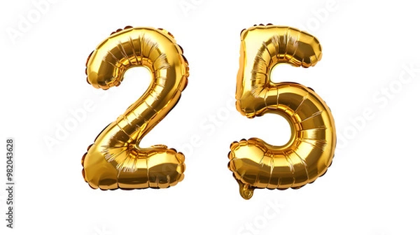 Fototapeta Golden metallic balloons shaped in the number 25 against a clean white background,representing a 25th anniversary or birthday