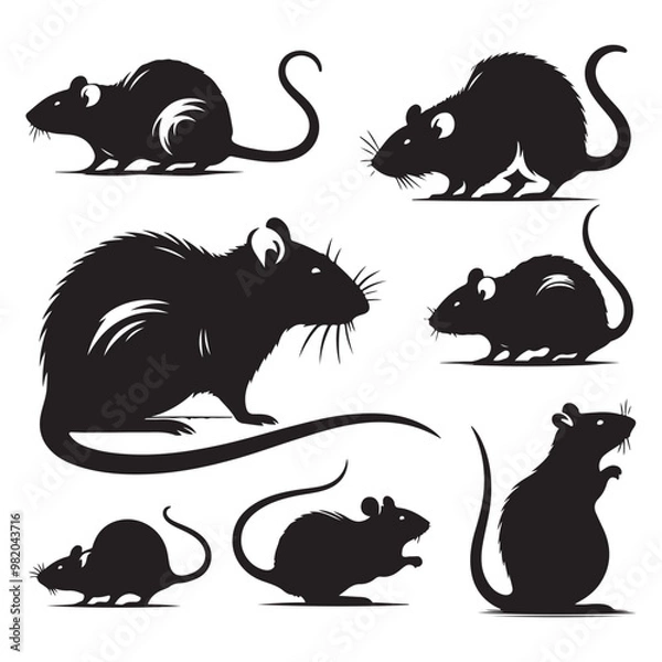 Fototapeta Set of rat silhouette vector on a white background