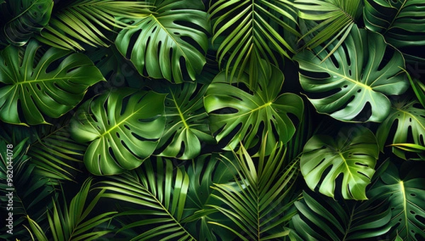 Fototapeta Seamless pattern of tropical leaves in vibrant green shades, fresh and natural. Generative AI.