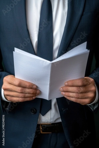 Obraz A business professional reading a blank document, symbolizing corporate communication and the importance of presentation skills.