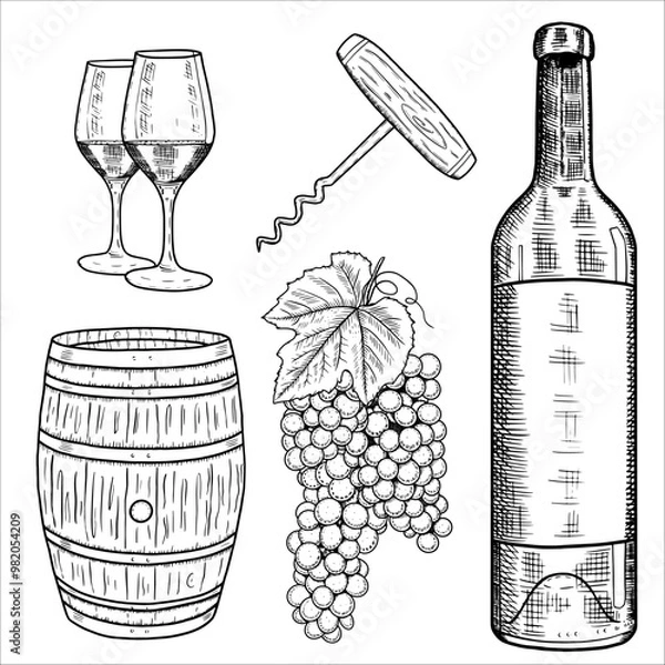 Obraz Set with a bottle of wine, glasses, grapes, corkscrew, barrel. Vector illustration