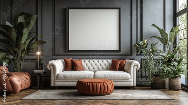 Fototapeta A blank poster hanging on the wall of a minimalist room with clean lines and modern furniture