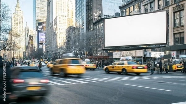Obraz A large billboard on a busy city street corner, blank or isolated for advertising mockups, with cars and pedestrians in the background.