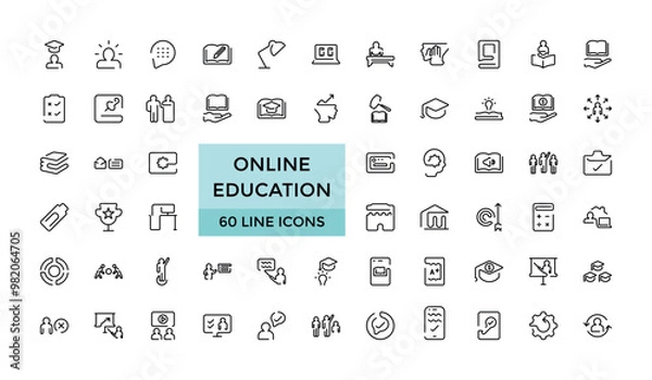 Fototapeta Online education and seminar line icons set, Big web and UI icon set in a flat design. Thin outline icons pack. Vector illustration