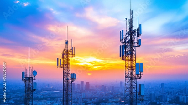 Fototapeta Base station receivers on tall towers with a glowing sunset in the background, copy space for advertising.