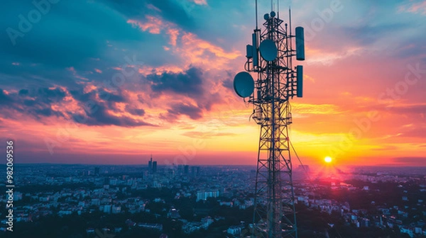 Fototapeta Base station receivers on tall towers with a glowing sunset in the background, copy space for advertising.