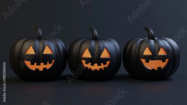 Fototapeta Black Halloween pumpkins in 3D, featuring joyful and creepy carved smiles, designed for use in advertising with copy space.