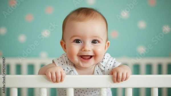 Fototapeta A smiling baby leans over the crib rail, with a joyful expression and a mint-colored polka dot wall in the background.