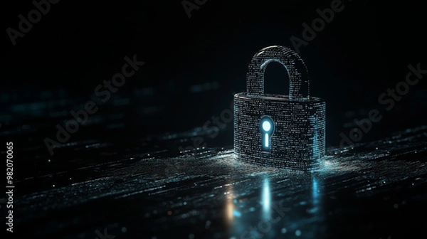Fototapeta Cyber Security: A digital padlock made of glowing particles on a dark background. The padlock is a symbol of protection, security, and privacy in the digital world.  