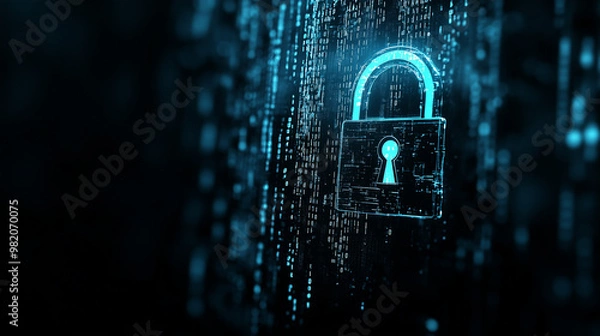Obraz Digital Fortress: A glowing padlock stands guard against a backdrop of cascading binary code, symbolizing robust cybersecurity in an interconnected world. 