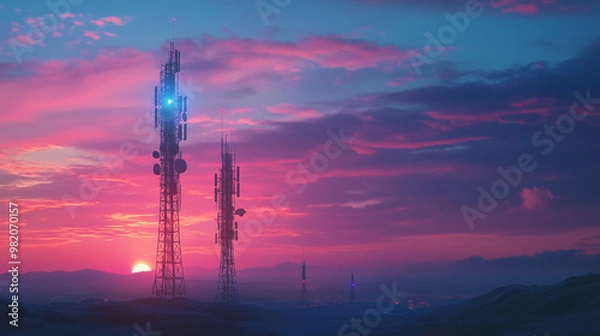 Obraz Digital Sunset: Communication towers pierce a vibrant, neon-infused sky as the sun sets, casting an ethereal glow over a misty landscape. 