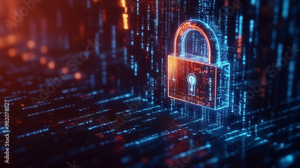 Obraz Digital Fortress: A glowing padlock, forged from binary code, stands guard against a backdrop of cascading data streams, representing the future of cybersecurity and data protection. 