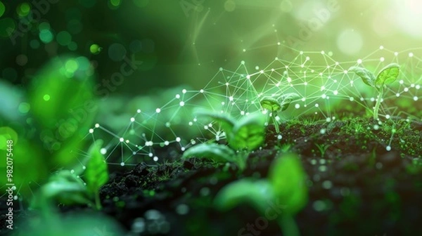 Fototapeta Biotechnology Fusion, a vibrant digital landscape showcasing molecular structures intertwined with green seedlings, represents the future of sustainable innovation and technology advancement.