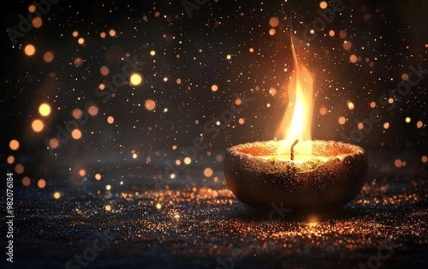 Obraz Happy Diwali Diya lamps lit during Diwali, Hindu festival of lights celebration. Diwali diya oil lamps holiday background. Creating a festive and decorative composition