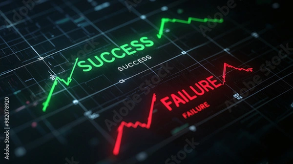 Fototapeta A 3D model of two business graphs: one green labeled "SUCCESS" showing an upward trend and one red labeled "FAILURE" showing a downward trend. The graphs are displayed on a sleek, minimal background. 
