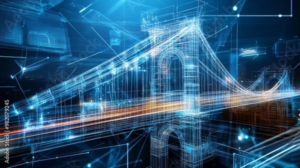 Fototapeta Futuristic Cityscape with Bridge and Lines.