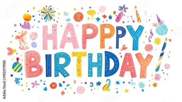 Fototapeta Colorful "Happy Birthday" text surrounded by festive illustrations such as balloons, confetti, and party hats, conveying a joyful celebration atmosphere..