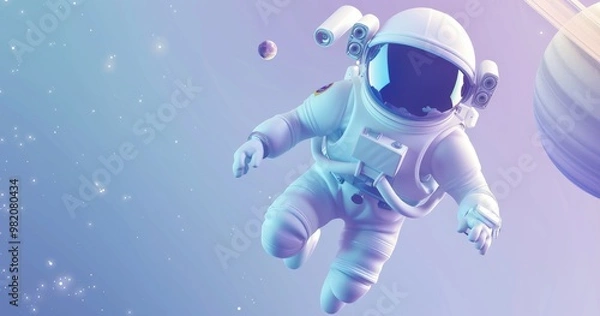 Fototapeta astronaut floating in space with a blue gradient background featuring white and purple tones. Planet Saturn can be seen on the right side