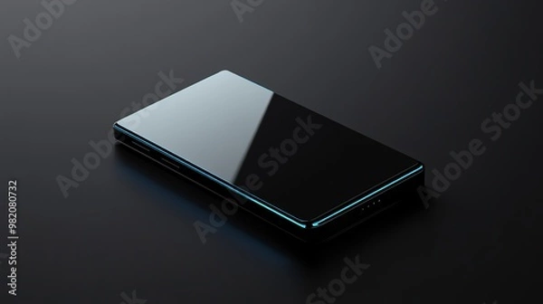 Fototapeta A black smartphone with a glowing blue edge, isolated on a black background.