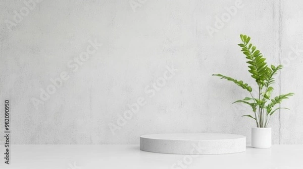 Fototapeta Minimalist interior featuring a plant and a round pedestal on a simple background, ideal for product displays and decor.