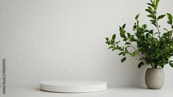 Fototapeta Minimalistic showcase featuring a round platform and a vibrant green plant in a contemporary vase, ideal for modern decor.