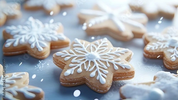 Fototapeta Delightful snowflake cookies adorned with icing, perfect for winter celebrations and holiday baking. Sweetness in every bite!