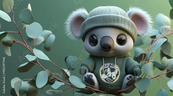 Fototapeta Adorable Chibi Koala in Beanie and Tee Relaxing on Eucalyptus Branch | Cute 3D Render with Green Gradient Background