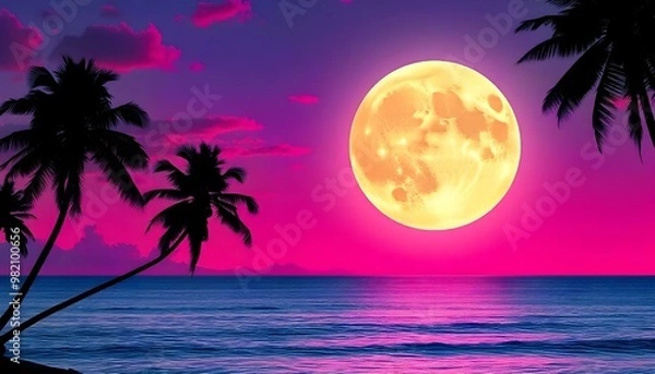 Fototapeta A large glowing moon over a serene ocean with palm trees silhouetted against a vibrant pink and purple sky