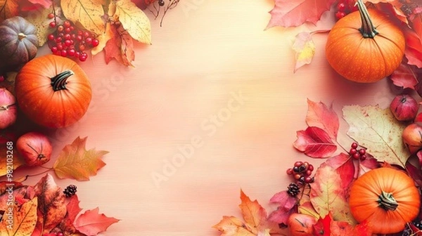 Fototapeta Autumn-themed banner featuring pumpkins, colorful leaves, and berries scattered across a wooden table, with soft natural lighting and plenty of copy space.