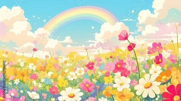 Fototapeta Vector graphic illustration featuring flowers and rainbows suitable for a product design or playful artwork
