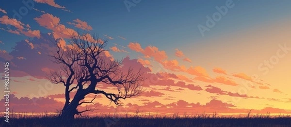 Fototapeta Silhouette of a leafless native tree against a backdrop of a sunset and light cloud formations during winter
