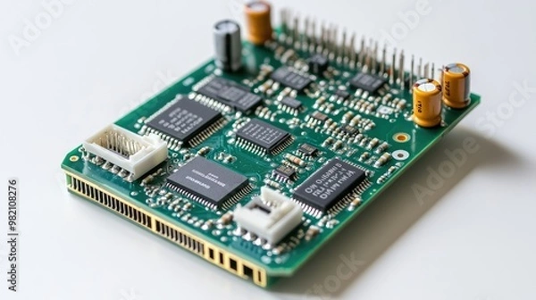 Fototapeta Close-up of an electronic board for servos, featuring connectors and microchips, displayed on a white isolated background with clean details.