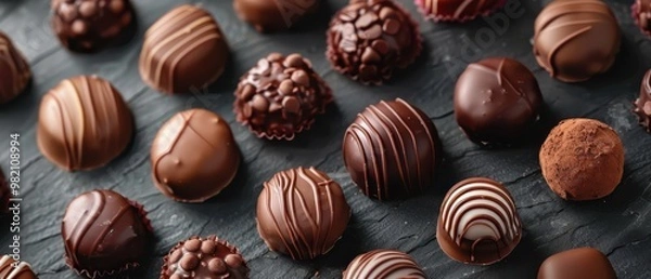 Fototapeta A tempting selection of artisanal chocolate pralines in various designs, perfect for gifting or indulgence. Free copy space for text.